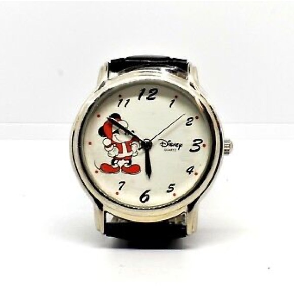 NIB Vintage Disney Time Works Santa Mickey Mouse Watch Leather Silver Christmas - Picture 5 of 7